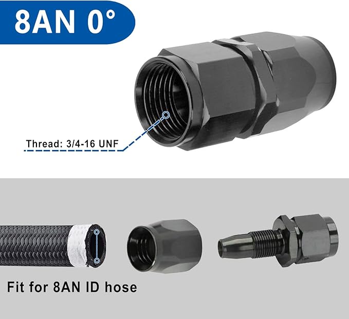 LokoCar 8AN Hose End Fitting 0 Degree Straight Swivel For CPE Braided Hose Black 2Pcs