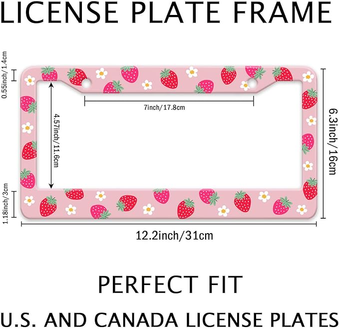 Cute Strawberry Printed License Plate Frame, Strawberry and Flowers Frames Holder Covers, Metal Aluminum Rustproof Car Accessories for Us Canada Standard Women Men 2 Holes with Screw Caps