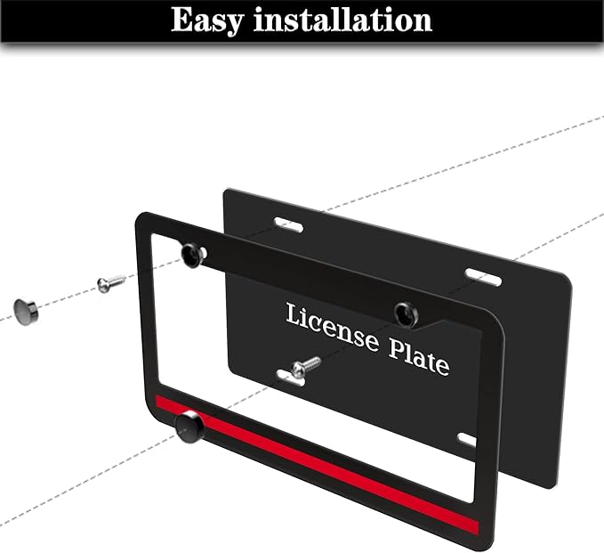 License Plate Cover Black and Red License Plate Frames Firefighter Red Line Flag Universal Aluminum Car Accessory 2 Pack with Screw Covers Set