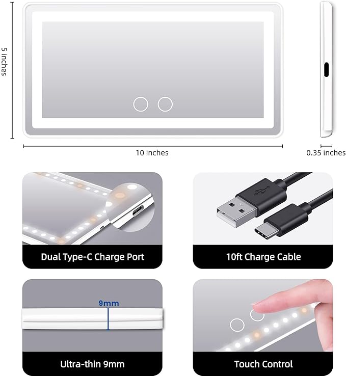 Car Sun Visor Vanity Mirror, with 3 Light Modes & 60 LEDs - Rechargeable Dimmable Clip-on Rear View Sun-Shading Cosmetic Makeup Mirror, Universal for Car SUV(Pure White)