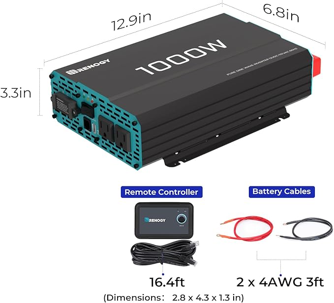 Renogy 1000W Pure Sine Wave Inverter 12V DC to 120V AC Converter for Home, RV, Truck, Off-Grid Solar Power 110V with Built-in 5V/2.1A USB Port, Hardwire Remote Controller