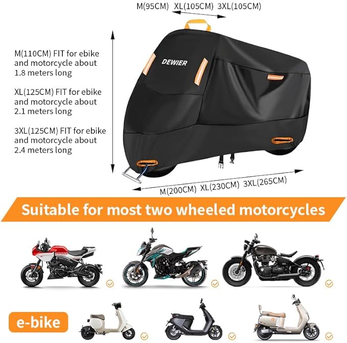 Motorcycle Cover Waterproof Outdoor, 420D Heavy Duty, M 71in, All Season Protection, Windproof Clasps, Storage Bag, Night Reflective Design, Fits Motorcycles, 1-2 Bikes Ebikes