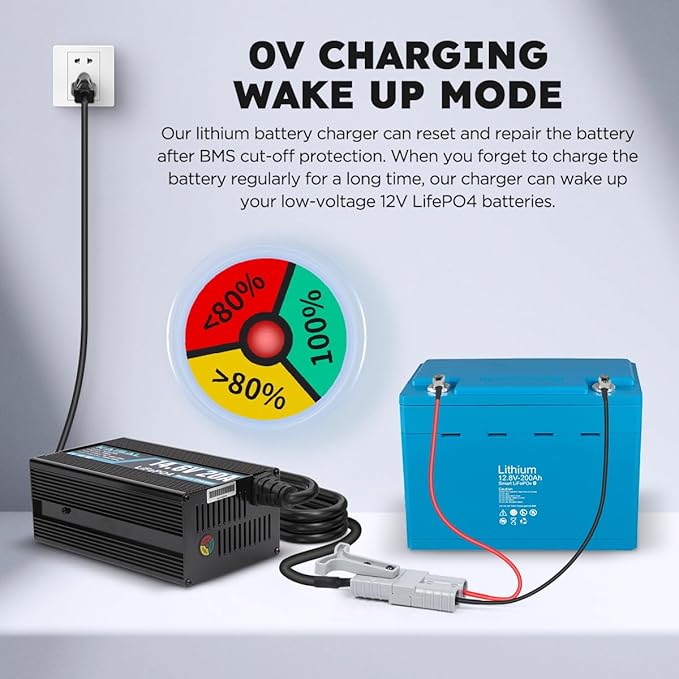 12V 20A Lithium Battery Charger 14.6V LiFePO4 Battery Charger for 12.8V LiFePO4 Lithium Deep Cycle Rechargeable Battery 0V Wake Up 12 Volt Charger with 2 Connectors for RV, Boat, Car, Marine, Solar