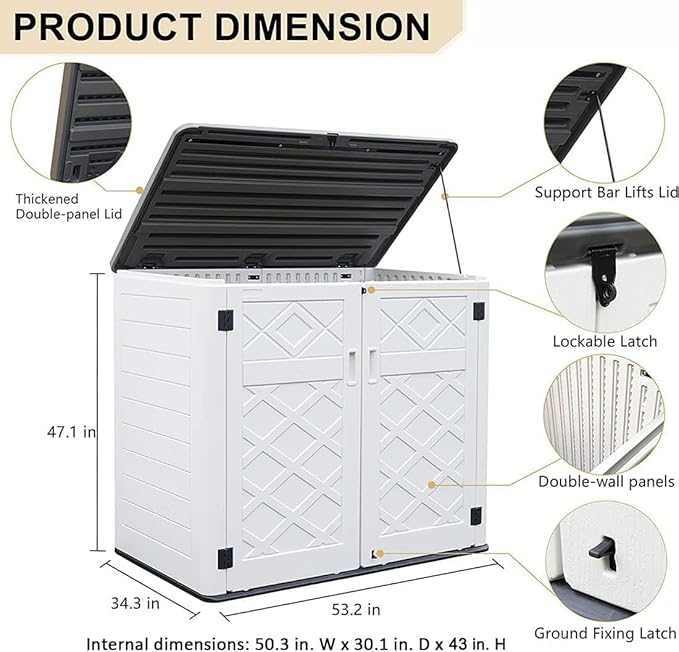 KINYING Horizontal Outdoor Storage Shed,47 Cu.ft Resin Outdoor Storage Cabinet Waterproof for Garden/Patio/Backyards