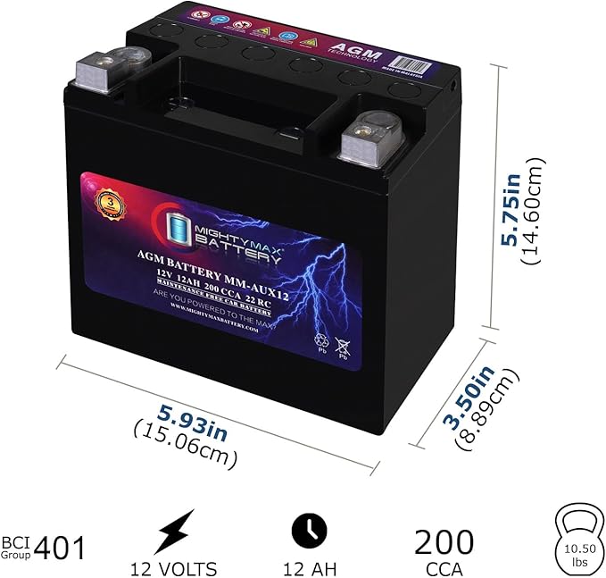 Mighty Max Battery MM-AUX12 Auxiliary Battery 12V 12Ah, 22RC, 200 CCA Rechargeable AGM Car Battery