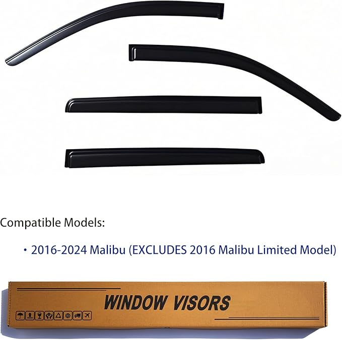 Window Visors Rain Guards fits 2016-2025 Malibu (EXCLUDES 2016 Malibu Limited), Out-Channel Window Wind Deflectors Vent Shades Accessories, Dark Smoke, 2017 2018 2019 2020 2021 2022 2023 2024
