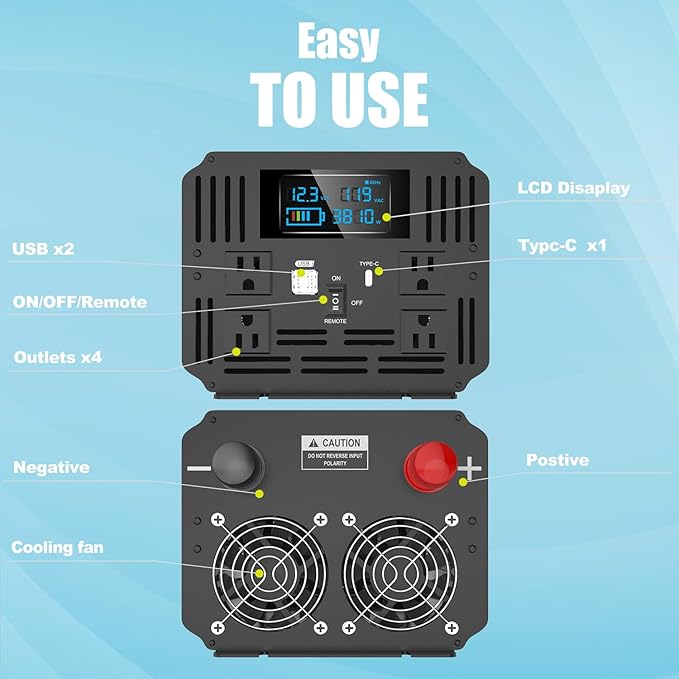 4000 Watt Modified Sine Wave Inverter, 12V Power Inverter, Four 110 / 120V DC to AC Outlets,Type-C Port,Dual Fast Charge USB Ports, LCD Display, Remote Control for Home RV Solar Car Emergency Off Grid