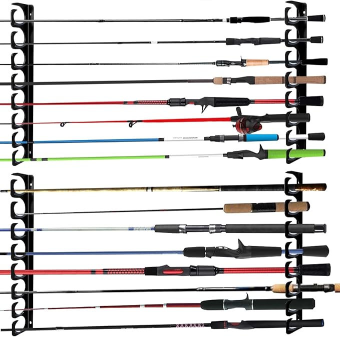 Wall Mounted Fishing Rod Rack Holder Ceiling Storage Hook Hanger Display Metal Horizontal Rack Oranizer Poles Steel Racks Holds up to 16 Rods with Soft Protective Pad for Garage Cabin and Basement