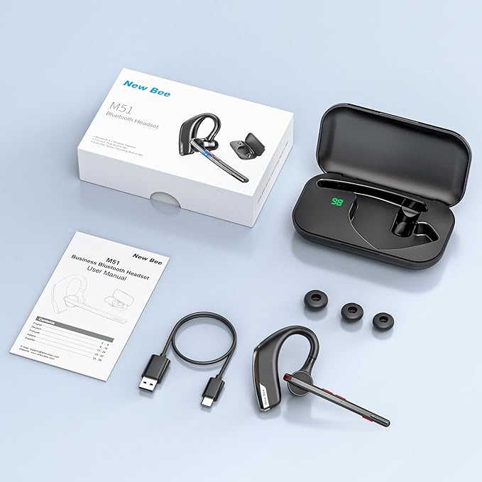 New bee Bluetooth Headset, Wireless Bluetooth Earpiece for Cellphone with 500mah Charging Case 80h Playtime V5.2 Dual Mic Noise Cancelling Hands-Free Earphones for Office Driver