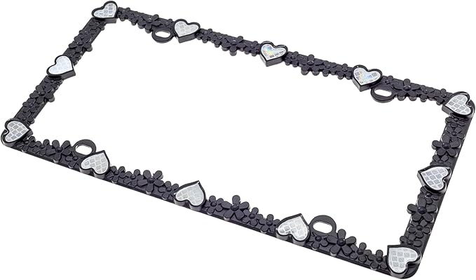 Creathome 3D Daisy Heart License Plate Frame from Pure Zinc Alloy Metal Perfect Plate Holder, Matt Black Daisy with Silver Reflective Heart