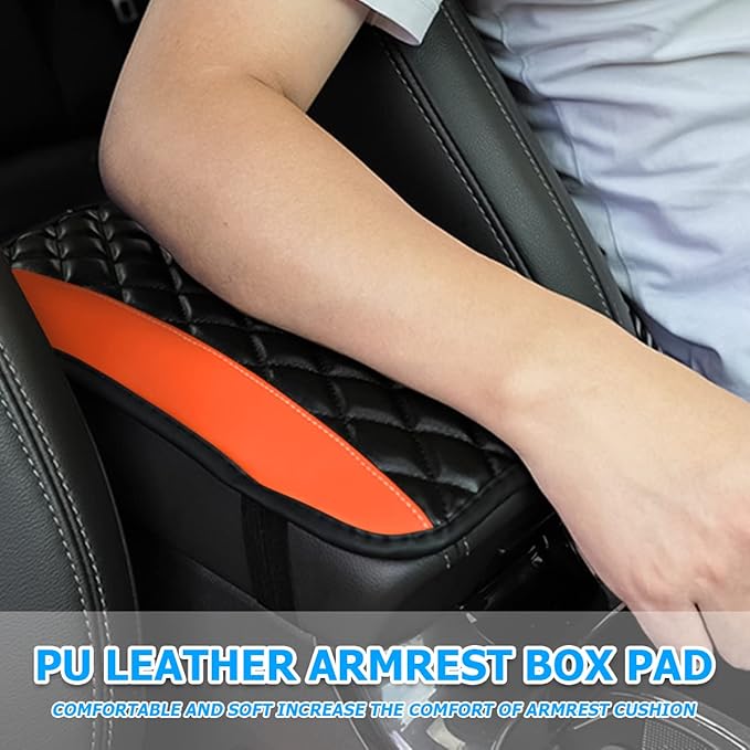 Car Center Console Cushion Pad, Universal Leather Waterproof Armrest Seat Box Cover Protector,Comfortable Car Decor Accessories Fit for Most Cars, Vehicles, SUVs (Orange)