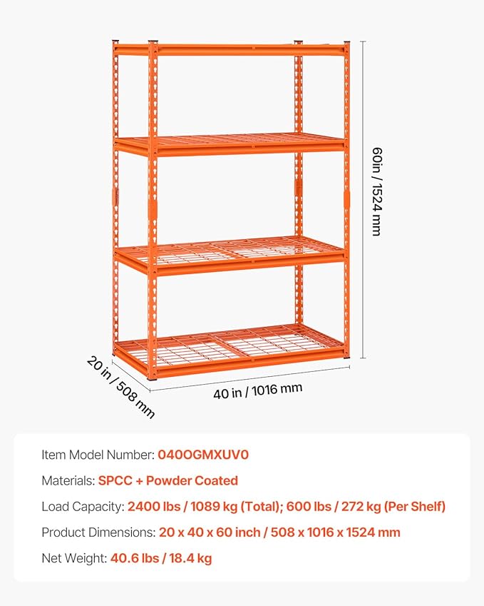 VEVOR Storage Shelves, 2400 lbs, 4 Tier Heavy Duty Garage Shelving, 20" D x 40" W x 60" H Adjustable Metal Shelves for Industrial Shelving Unit Utility Shelf, for Kitchen, Warehouse, Basement, Orange