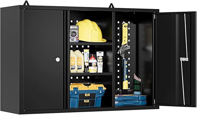 Metal Wall Cabinets for Storage with Locking Doors Adjustable Shelf Pegboard and Hooks, Metal Garage Wall Cabinet, Floating Upper Storage Cabinet