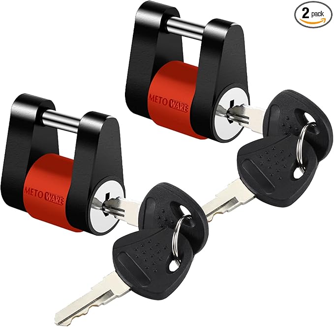METOWARE Keyed Alike Trailer Coupler Lock, 1/4” Dia, 3/4” Span Heavy-Duty Steel Trailer Tongue Lock for Tow Boat RV Truck Car's Coupler with Anti-Rattle Rubber Rings (2 Pack)