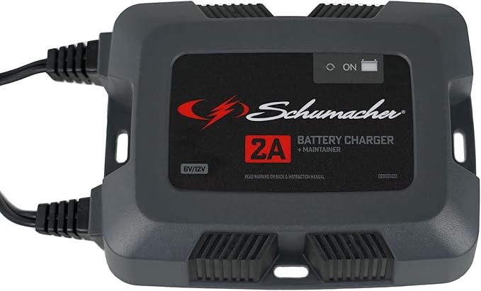 Schumacher Electric Fully Automatic 2A 6V / 12V Battery Charger & Maintainer - Multi-Stage Smart Charging with Quick-Connect Clamps - Car Battery Charger for Motorcycles, Lawn Mowers & More - SC1588