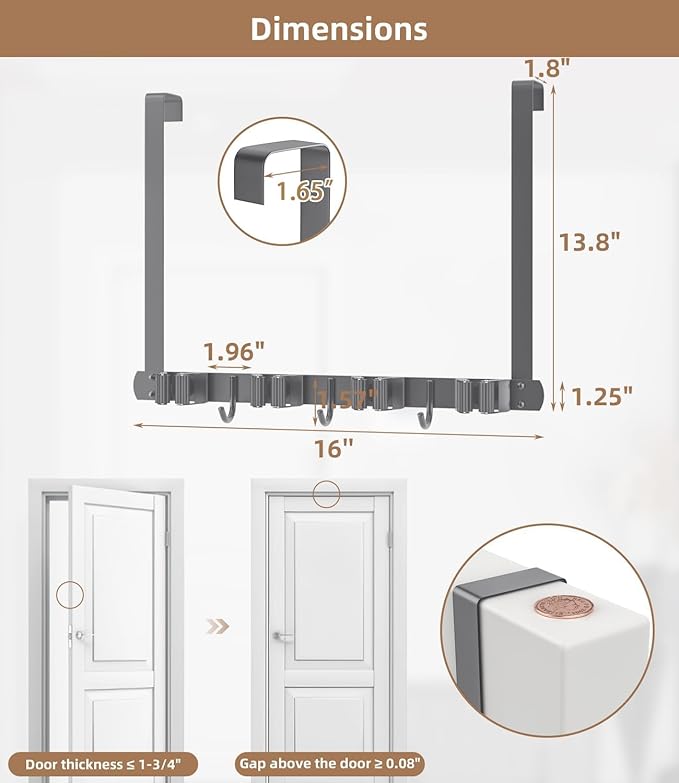 Broom Holder Over The Door-304 Stainless Steel Mop and Broom Holder Wall Mounted or Hanging Over The Door with Hooks - Broom Hanger, Tool Organizer for Garage Closet Laundry Kitchen-Space grey