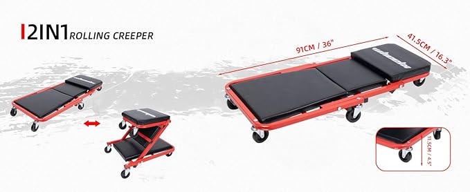 Mechanic Creeper 36 Inches 2 Modes Z Seat 340 lbs Capacity, Foldable Garage Chair Adjustable Rolling Folding with 6 pcs Wheels Roller, Lay Down or Sit, Under Car, Auto Repair Red Black Man Gift