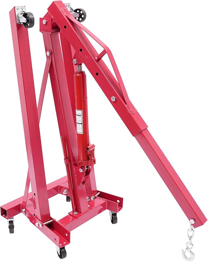 Folding Engine Hoist 2 Ton Engine Crane Lift with 6 Caster Wheels 4400LBS Steel Hydraulic Engine Crane 4 Adjustable Positions for Car Fixing Workshops Garages Warehouse(Sent in 2 Packages) (Red 1T)