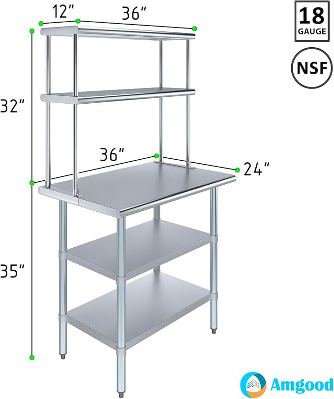 AmGood Stainless Steel Work Table with 2 Shelves | 24" x 36" Table with 2 Shelves + 12" Overshelf