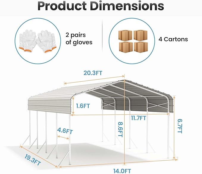 12x20ft Heavy Duty Metal Carport – Outdoor Galvanized Garage, Sturdy Structure, All-Weather Protection, Easy Assembly for Cars, Trucks, Boats, Tractors, and Outdoor Storage (White, 12x20FT)
