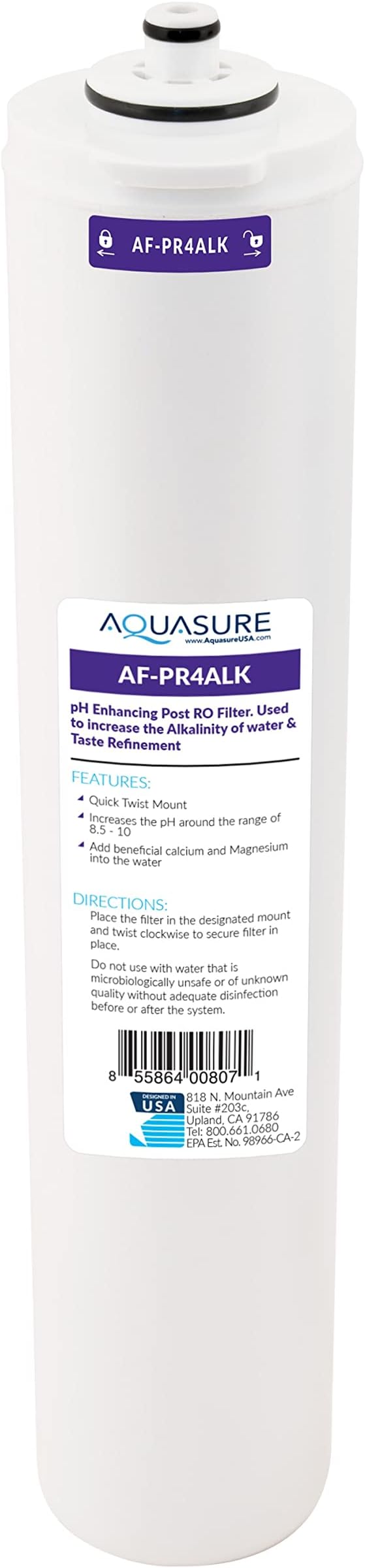 Aquasure Premier Stage 4 Alkaline Remineralizing Filter Quick Twist Replacement Cartridge AF-PR4ALK for AS-PR75/AS-PR100 4-Stage Reverse Osmosis Water Filter System | Restore Minerals, pH+ Balance