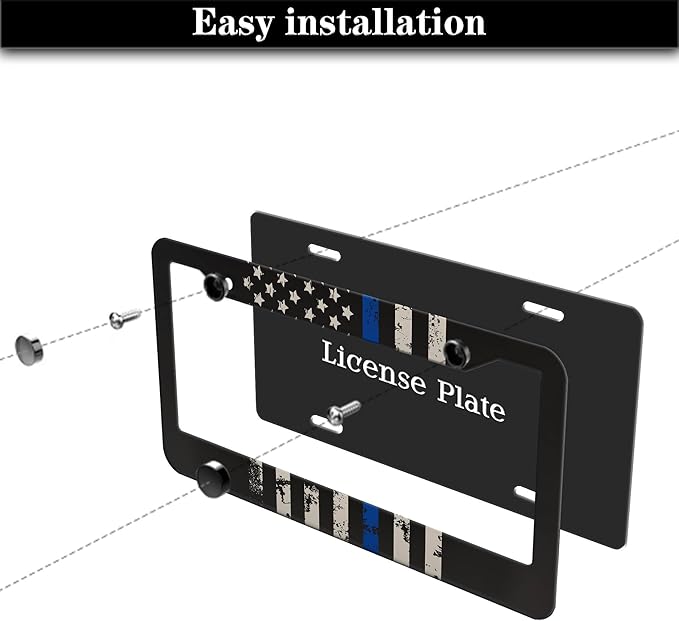 License Plate Frames Black, White, and Blue Car Plate Frames Thin Blue Line USA Flag Universal Aluminum Car Accessory 2 Pack with Screw Covers Set