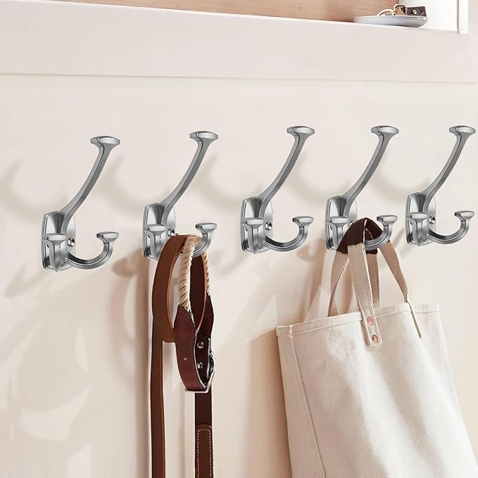 Large Wall Double-Sided Hook 5 Pack Brushed Satin Nickel Hook Decorative Heavy Duty Solid Large Coat Hooks for Towel Hanging Coats Robe Towel Bags Door Back 2 Prong Hooks