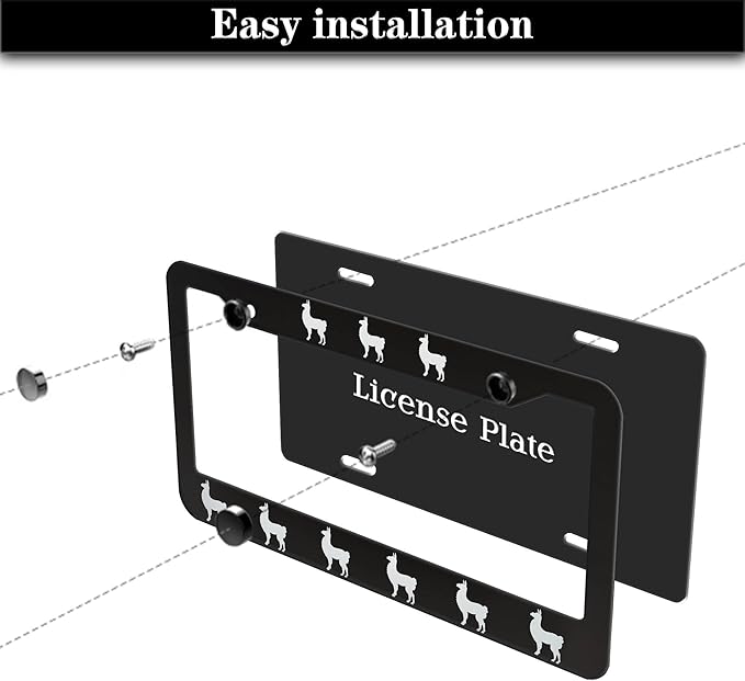 License Plate Frames Black and White Automotive Exterior Accessories Llama Aluminum Metal Car Accessory 2 Pack with Screw Covers Set