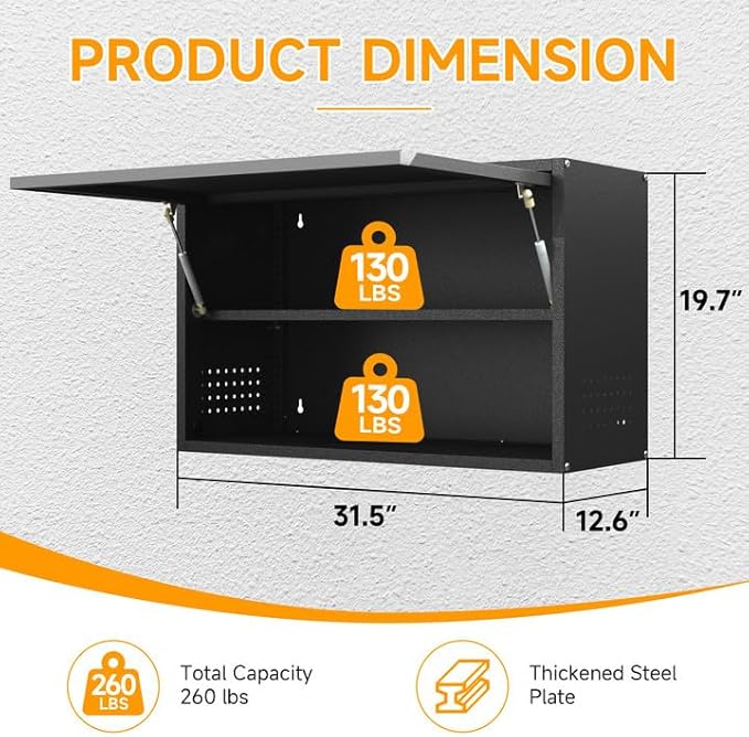 Metal Wall Cabinet with Adjustable Shelves, Doors - Floating Tool Storage for Garage/Warehouse - Black/Gray