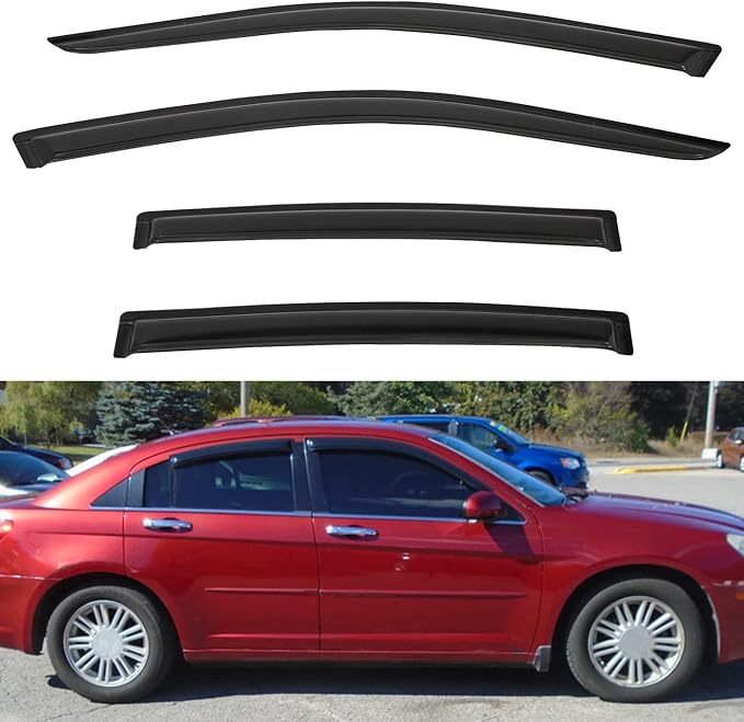 4pcs Front+Rear Smoke Tint Sun/Rain Guard Outside Mount Tape-On Vent Window Visors Compatible with 07-10 Sebring 11-14 200 Sedan