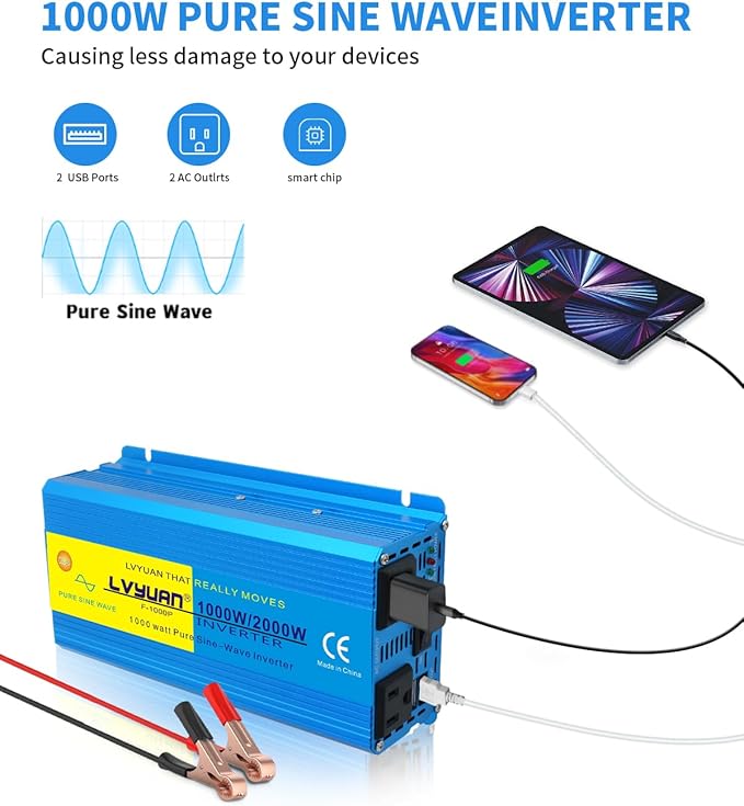 LVYUAN 1000 Watt Pure Sine Wave Inverter 24V to 110V / 120V DC to AC with U.S. Outlet, USB Charger Ports, Car Power Inverter for Vehicles, RV, Outdoor, Home