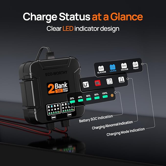 ECO-Worthy 2-Bank Marine Battery Charger 10A (5A/Bank), IP68 Waterproof 12V Charger & Maintainer for Boat RV Car, Lead-Acid LiFePO4 & Calcium Battery Desulfator