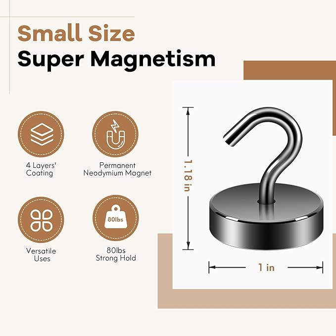 Neosmuk Magnetic Hooks, Cruise Ship Essentials, 80lb+ Heavy Duty Magnetic Hooks for Cruise Cabins, Refrigerator, Grill, Hanging, and Travel | Extra Strong Must-Haves Magnet Hook,Gunmetal