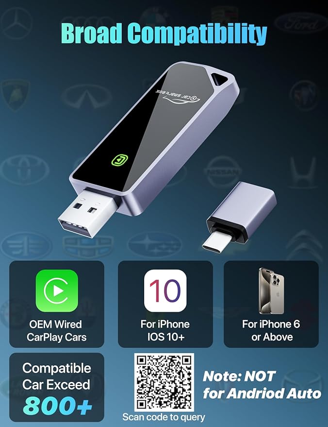 ZIUMIER Wireless CarPlay Adapter, Convert OEM Wired to Wireless CarPlay Dongle, Mini Edition, Plug and Play, No Latency, Compatible with Apple iPhone iOS 10+ & Cars from 2016+