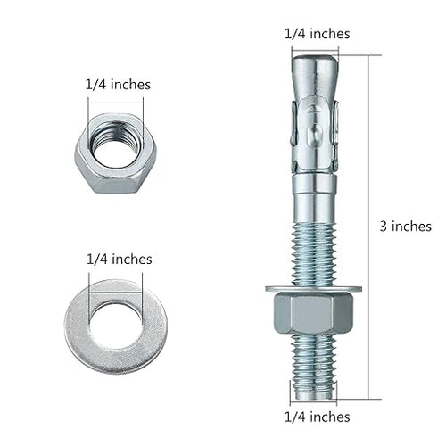 1/4x3" 50Pcs Inch Standard Fasteners for Heavy-Duty Zinc Wedge Anchors for Cement and Concrete