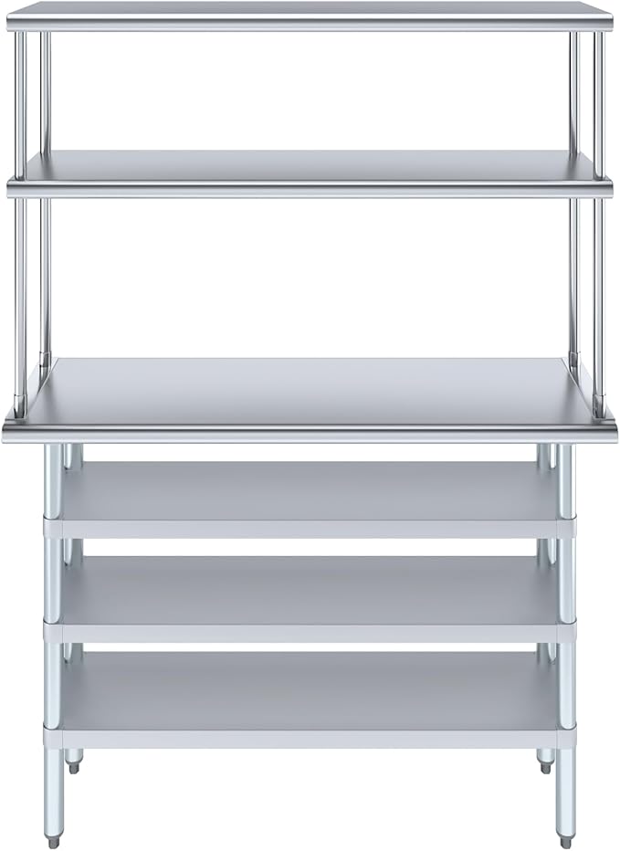 Amgood 14" x 48" Stainless Steel Work Table with 3 Shelves and 12" Wide Double Tier Overshelf | Metal Kitchen Prep Table & Shelving Combo | NSF