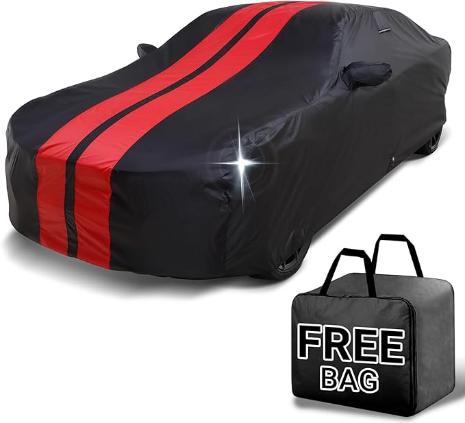 iCarCover Custom Car Cover for Buick Skylark (1992-1998) Waterproof All-Weather Rain Snow UV Sun Protector Full Exterior Indoor Outdoor Car Cover (Stripe - Black/Red)