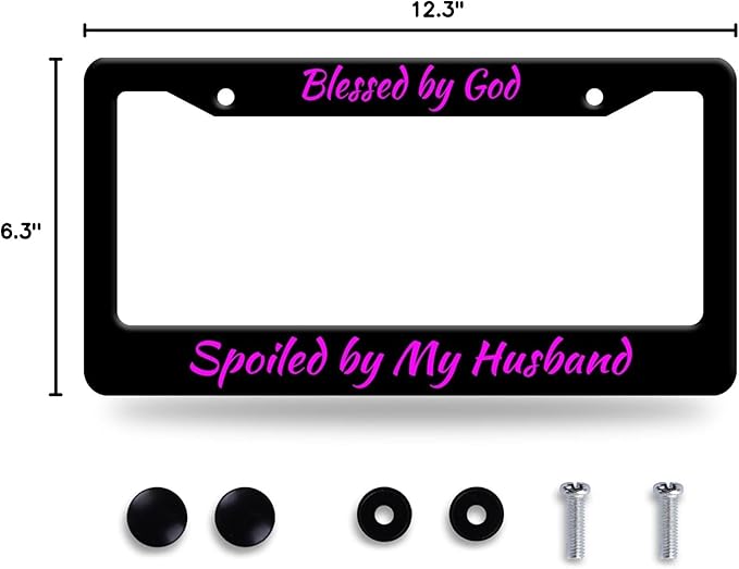 Blessed by God Spoiled by My Husband License Plate Frame Funny Texts License Plate Stainless Steel Parts with Screws Size 12.3" x 6.3" for Men Women