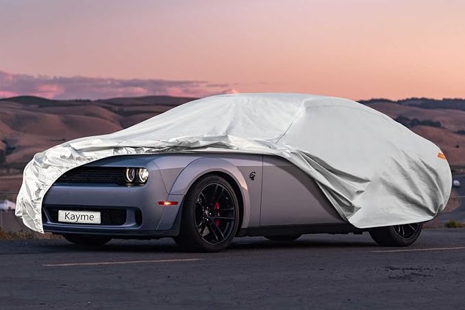Kayme 6 Layers Car Cover Custom Fit for Dodge Challenger Hellcat (2008-2025) Waterproof All Weather for Automobiles, Outdoor Full Cover Rain Sun UV Protection.Silver