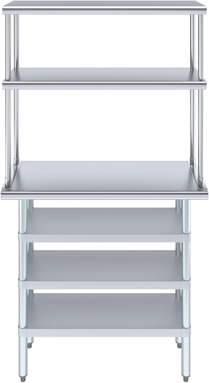 Amgood 14" x 36" Stainless Steel Work Table with 3 Shelves and 12" Wide Double Tier Overshelf | Metal Kitchen Prep Table & Shelving Combo | NSF
