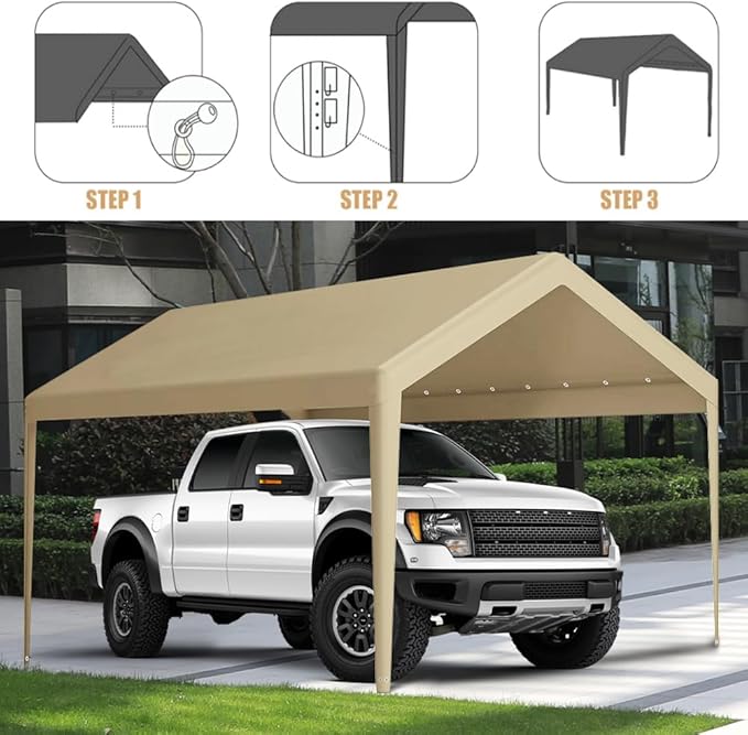 Rutile 12 x 20 FT Carport Replacement Cover, Heavy Duty Car Tarp Canopy Tent Garage Top Shelter Cover with Fabric Leg Pole Skirts and Ball Bungees Beige (Only Top Cover, Frame is not Included)