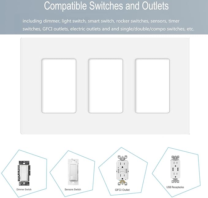3-Gang Screwless Decorator Wall Plate Cover Switch Outlet Electrical Faceplate for Light Switche, Smart Switch, Receptacle, Dimmers, USB Outlet, GFCI, Child Safe Cover Plate, White (6-Pack)