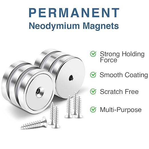 MIKEDE Strong Magnets with Hole, 100LB+ Heavy Duty Neodymium Cup Magnets with Stainless Screw for Wall Mounting, Rare Earth Magnet Round Base Cup Magnet, 1.26" D x 0.2" H, Pack of 6