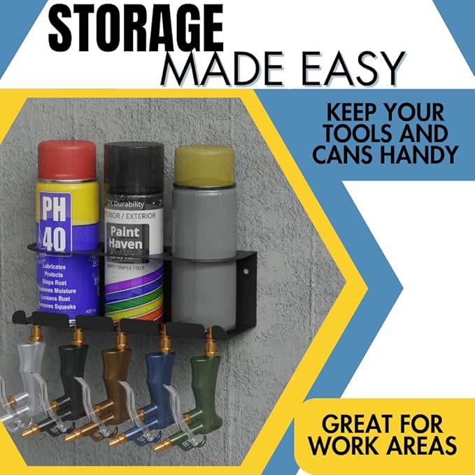 Koova Wall Mount Air Tool Holder with 3 Aerosol Can Storage - Durable Metal Construction - Made in USA - Includes Hardware for Garage & Workshop Organization