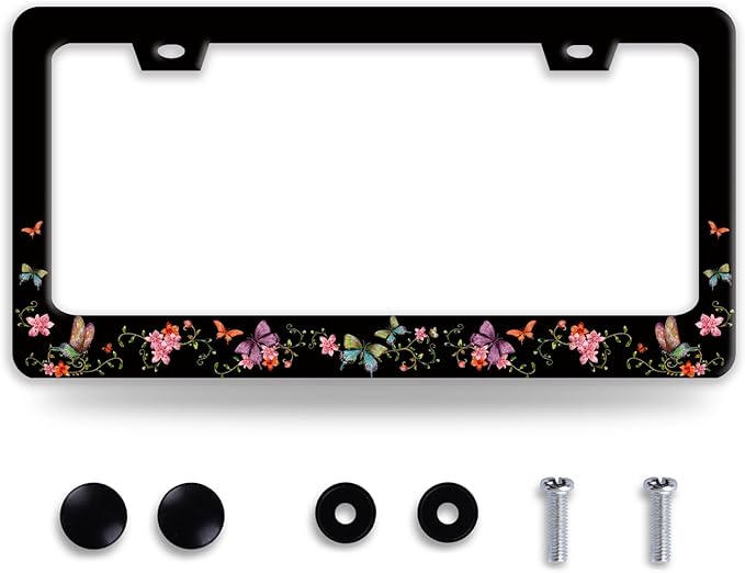 Colorful Butterfly License Plate Frame Beautiful Butterflies Flowers License Plate Holder Funny Stainless Steel Accessories Cars Decor with 2 Holes and Screws Fits Standard Us Ca Vehicles 12.2 X 6 in