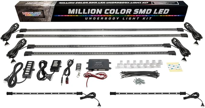 LEDGlow 4pc Million Color Multi-Color LED Underbody Underglow & 2pc Interior Footwell Accent Lighting Kit for Cars - 18 Solid Colors - 12 Unique Patterns - Music Mode - Includes Control Box & Remote