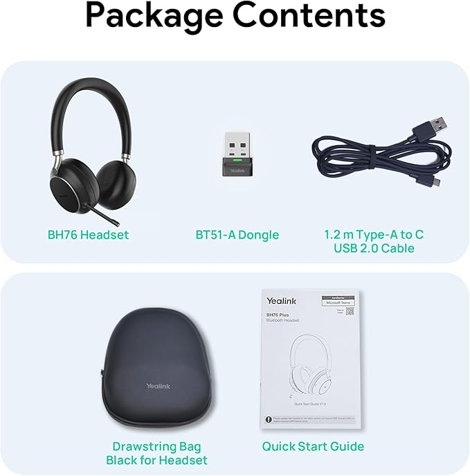 Yealink BH76 (2022 Old Edition) Wireless Headset Active Noise Cancelling (ANC) Bluetooth Headphone with Retractable Mic-Boom, Teams Certified On-Ear Headphone, up to 35h Talking Time, USB-A Dongle