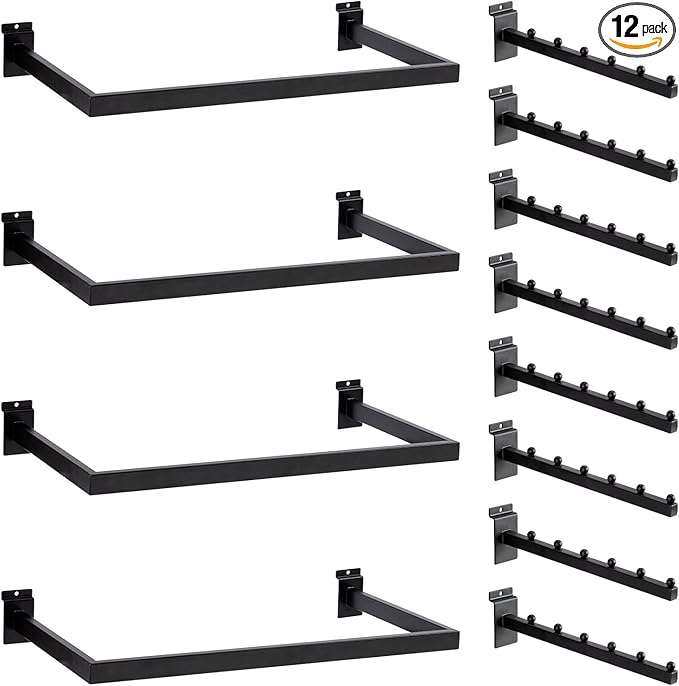 12 Pack Slatwall Accessories Kit with U-Shaped Rectangular Tubing Hangrails and Waterfall Display Hanger, Slatwall Hooks and Hanger for Clothing Retail, Merchandise Display