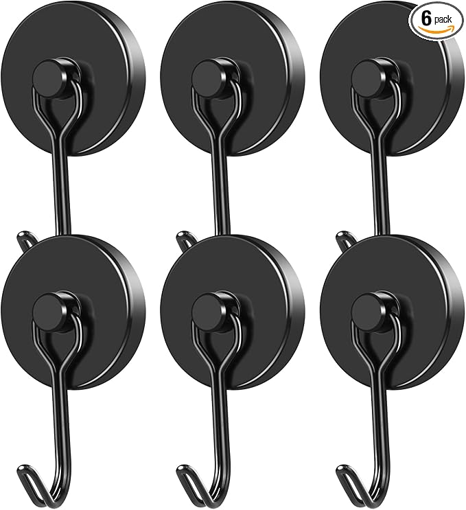 MIKEDE Magnetic Hooks, 110LB Heavy Duty Neodymium Black Magnet Hooks, Strong Swivel Magnetic Hooks Rust Proof for Indoor Outdoor Hangers Hanging, Fridge, Garage, Cruise, 6 Pack