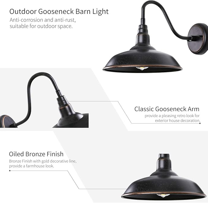 14in Outdoor Gooseneck Barn Light for Farmhouse, Bronze Exterior Wall Light Fixture for Porch, Large Outside Farmhouse Wall Sconce for Garage Patio Doorway House